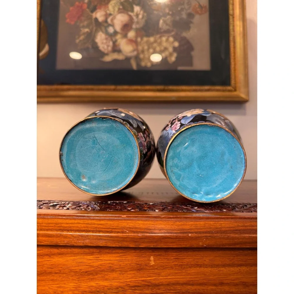 Vintage Cloisonné Peony Vase Pair‎ - 10.25